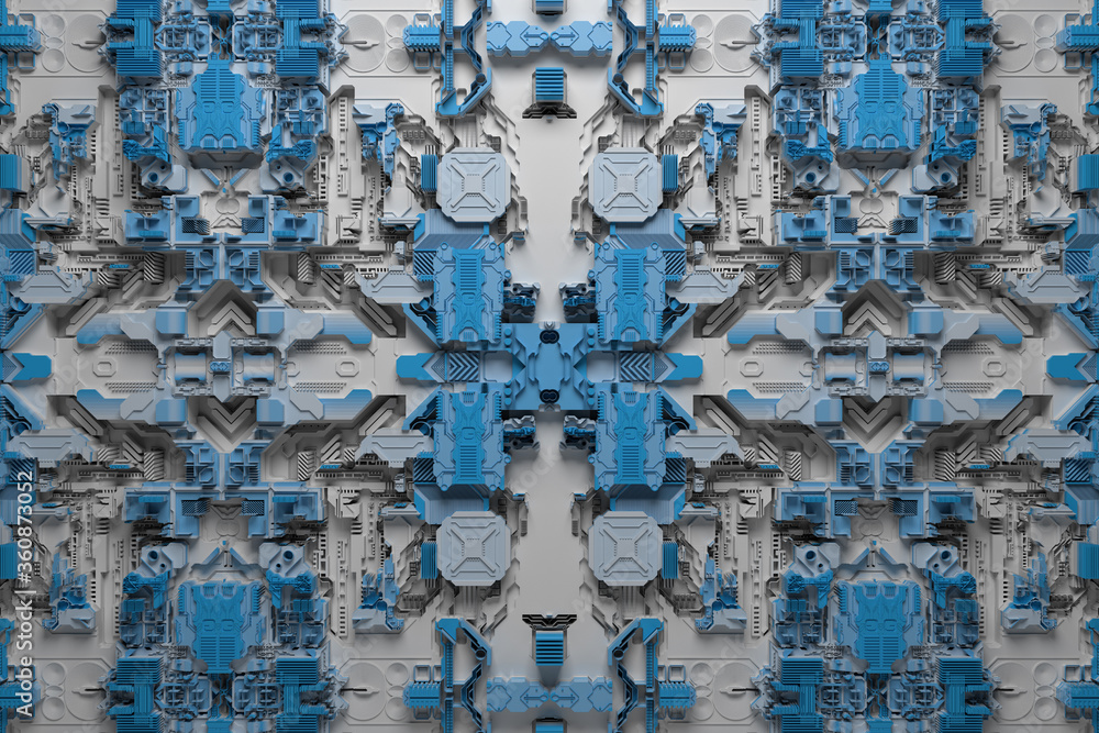 Poster 3d render of technology background with complex structure and details.