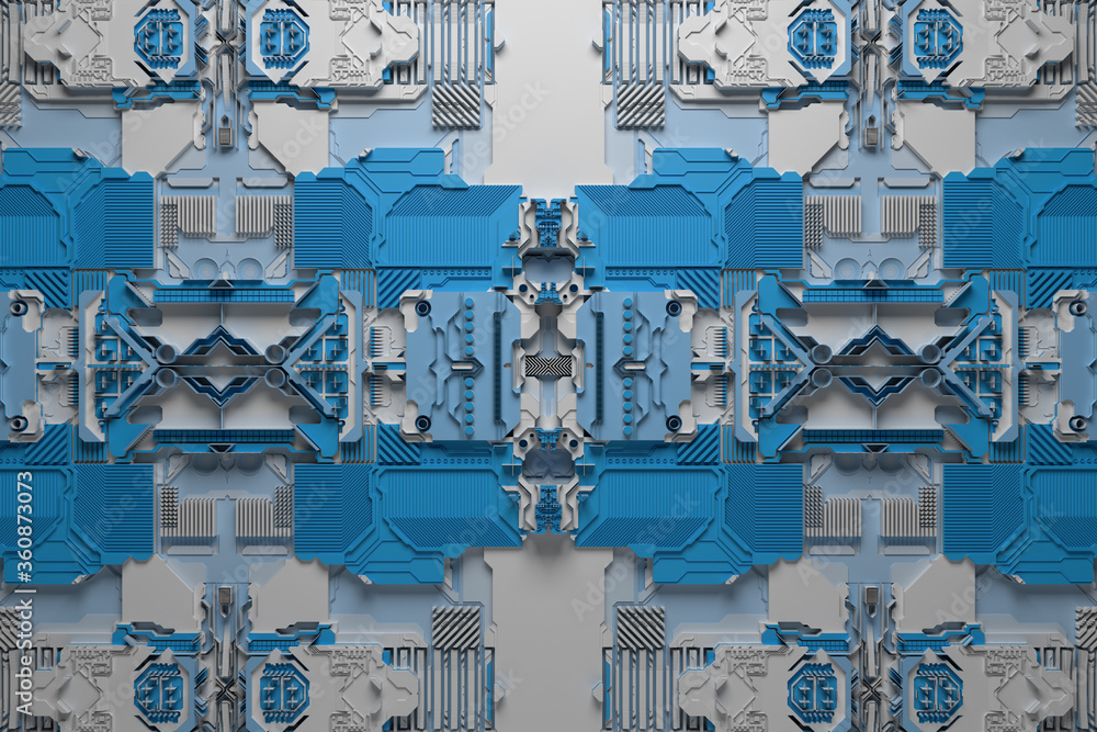 Poster 3d render of technology background with complex structure and details.