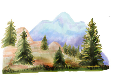 Mountain panorama and trees. Watercolor illustration isolated on white background. Adorable hand painted watercolor mountain. For travel design,  textile prints, child poster, cute stationery.