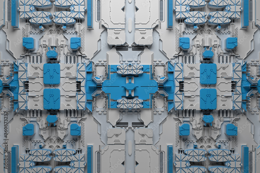 Poster 3d render of technology background with complex structure and details.
