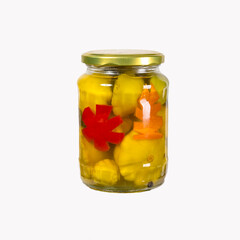 Fototapeta na wymiar marinated scalloped squash in glass jar isolated on white