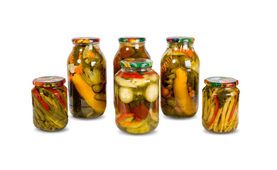 Preserved vegetables on white background. Homemade blanks.