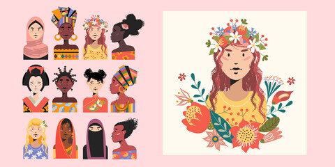 A set of female portraits of women of different Nations. Vector illustration.