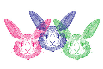 The head of a rabbit. Stylish multi-colored freehand drawing. Antistress coloring page. Mandala and patterns. Ethnic print.