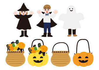 ハロウィンの仮装をした子供たちとキャンディーの入ったカゴ