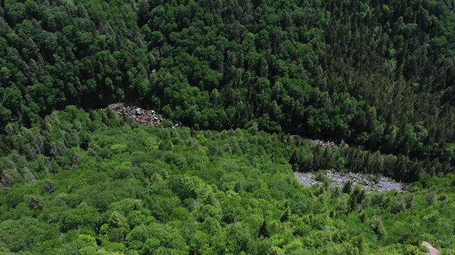Turning aerial orbit view of gorge revealing the lodge accommodation at Blackwater Falls State Park in West Virginia in the summer.