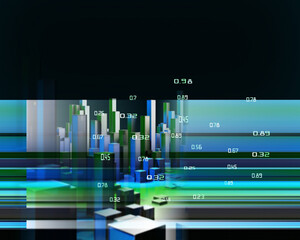 Big Data. 3D render of abstract  infographic with blue green columns and blurred lines.  Business and finance analytics representation.  Futuristic geometric analyze data concept.