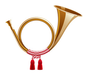 Post horn with red and white ribbon. Wind musical instrument. Vector illustration. © Masha
