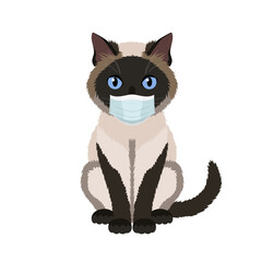 Vector hand drawn illustration of siamese cat in medical mask isolated on white background