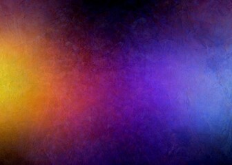 Colorful grunge wall textured background. Warm and cold spotlights. Blue purple pink yellow gradient. Messy strokes pattern.