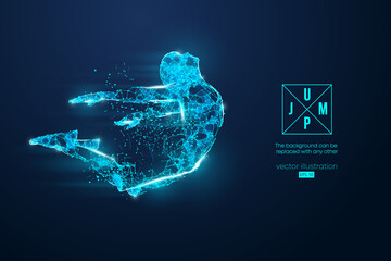 Abstract silhouette of a wireframe jumping man. People in a jump symbolize freedom. Man from particles on the blue background. Convenient organization of eps file. Vector. Thanks for watching