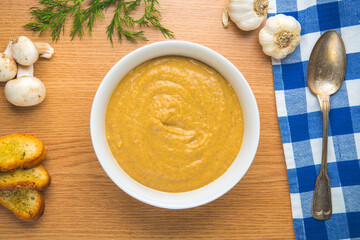 Creamy Mushroom soup with garlic and croutons.