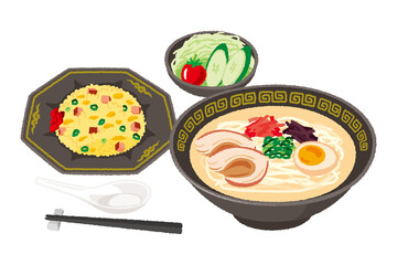 とんこつラーメンとチャーハンのセットのイラスト