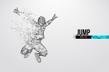 Abstract silhouette of a wireframe jumping man. People in a jump symbolize freedom. Man from particles on the white background. Convenient organization of eps file. Vector. Thanks for watching