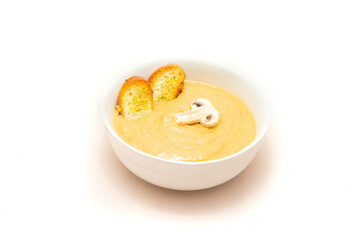 Bowl of Creamy Mushroom soup with garlic and croutons.