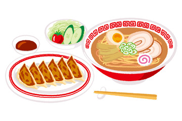 ラーメンと餃子のセットのイラスト