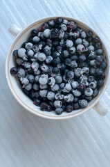 Fresh ripe organic blueberries in a frozen black bowl on a white background