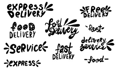 Handwritten vector typography for delivery service. Lettering text isolated on white background. Hand drawn illustration. Collection of monochrome typographic inscriptions. Banner, poster template