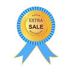 Gold premium Extra Sale golden label. Gold shiny emblem. Stock vector illustration on white isolated background.