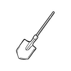 Tourist camping shovel, the inventory of the tourist. Garden bayonet shovel. Shovel for earthworks. A tool for digging up land and transplanting plants. Vector illustration in Doodle style