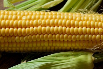 Yellow, fresh, delicious corn on the background of an old wooden table.