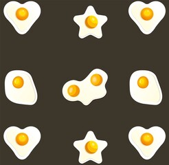 Fried chicken eggs seamless pattern on dark background. Food packaging, poultry farming, cover art.