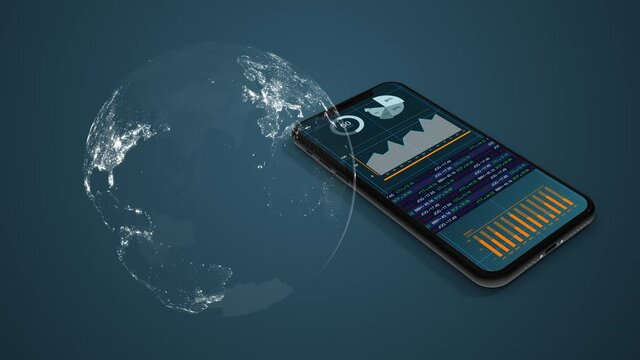3D animation of Data charts and graphs being displayed on a smartphone. Financial stock market predictions app with world globe spinning in foreground. International business in 4K.