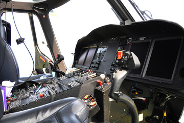 Control panel and control equipment of plane in cockpit. Plane cockpit with many function to...