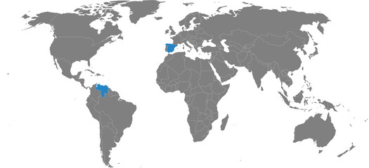 Spain, Venezuela countries isolated on world map. Gray background. Business concepts, diplomatic and transport relations.