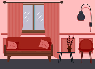 The interior of the living room. Vector illustration. Sofa with pillows, a chair and a table, a lamp. 