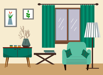 Living room with sofa, table, lamp, paintings, window. Vector illustration in a flat style.