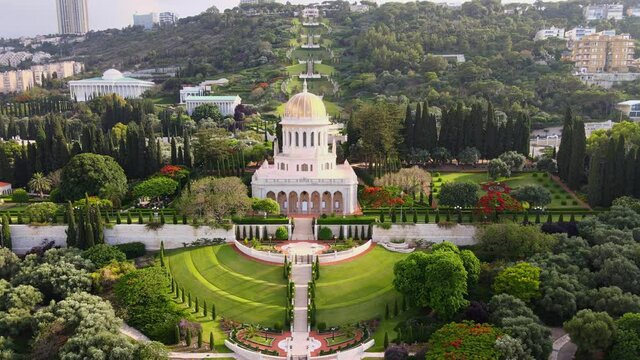 Aerial view of Bahai Garden and Bahai Temple in Haifa, Israel