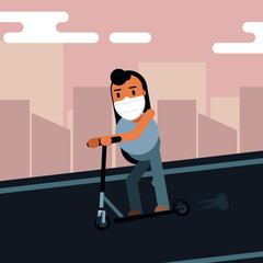 woman character mask riding scooter in city. for transportation and entertainment purposes during covid 19 pandemic, sport lifestyle. cartoon vector illustration