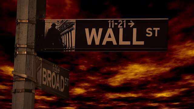 Boiling fiery storm clouds over the wall street signpost in lower Manhattan, New York City, USA.