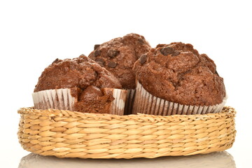 Chocolate muffins, close-up, isolated on a white background.