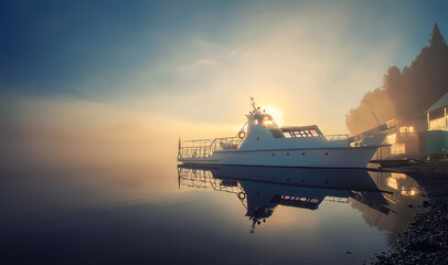 sea tourism. foggy morning on the lake, bright sun, ship and boat in backlight near the shore.