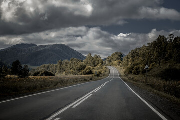 Long road. Highway among white clouds in a blue sky. summer landscape green trees and grass