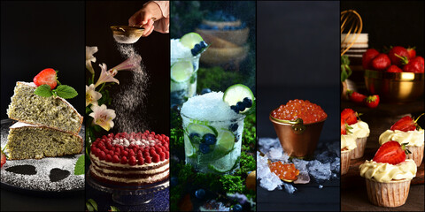 Fototapeta na wymiar Collage with food on a dark background: Machito, caviar, cake, sweets.
