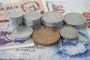 Old bank notes and coins from East Germany 