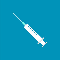 Syringe with needle on blue background. Vaccine icon. Intramuscular or intravenous injection concept. Medical treatment or using drugs concept. Pain management therapy. Vector illustration, clip art.