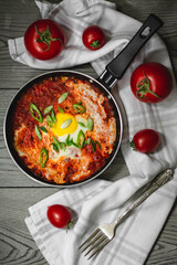 Shakshuka traditional middle eastern dish with tomatoes and eggs in a small pan garnished with scallions and chilli. Tomatoes in the background, dark and moody concept