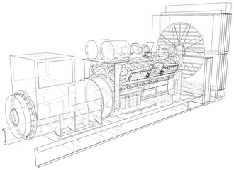 Diesel generator. The layers of visible and invisible lines are separated. EPS10 format. Wire-frame.