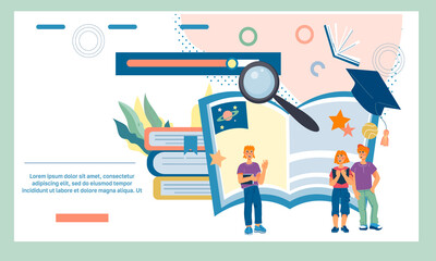 Children library or book festival web page banner with reading kids characters. Online education and literature for youth and teens concept, flat vector illustration.