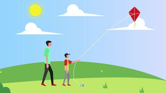 Little boy and his father playing with a kite at park
