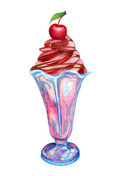 Watercolor chocolad cherry ice cream in a glass. Hand drawn sundae Illustration with berries and chocolate sirop on top.