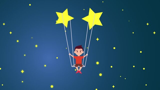 Little boy animation sitting on the swing in space