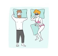 Young Family Couple Male and Female Characters Sleeping on Comfy Bed Top View. Naked Man Wearing Pajama Sleep on Back with Hands under Head. Woman Hugging Pillow. Linear People Vector Illustration