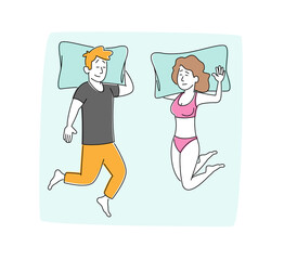 Young Male and Female Characters Couple Sleeping on Bed Top View. Man Wearing Pajama Sleep with Hands under Head, Naked Woman in Underwear Lying in Comfortable Pose. Linear People Vector Illustration