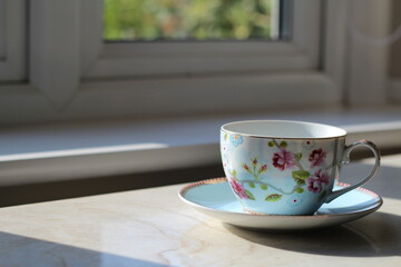 English blue and white tea cup on saucer in fine china with delicate flowers and gold edging