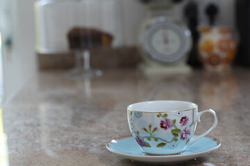 English blue and white tea cup on saucer in fine china with delicate flowers and gold edging